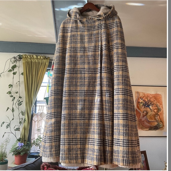 Vintage Wool Hooded Reversible Tartan Plaid Cape gold & blue & fleece